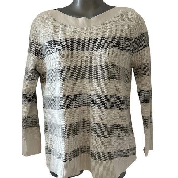Market & Spruce Striped Knit Sweater in Cream and Gray Medium Petite - Picture 1 of 8